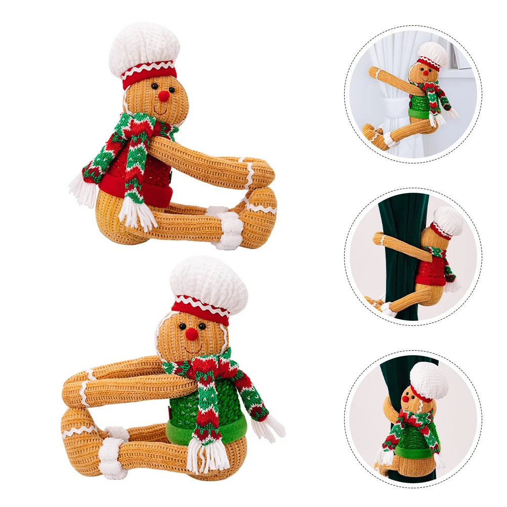 

2pcs Curtain Tiebacks Christmas Gingerbread Man Knitting Pp Cotton Material Window Holdbacks For Holiday Home Decor Xmas