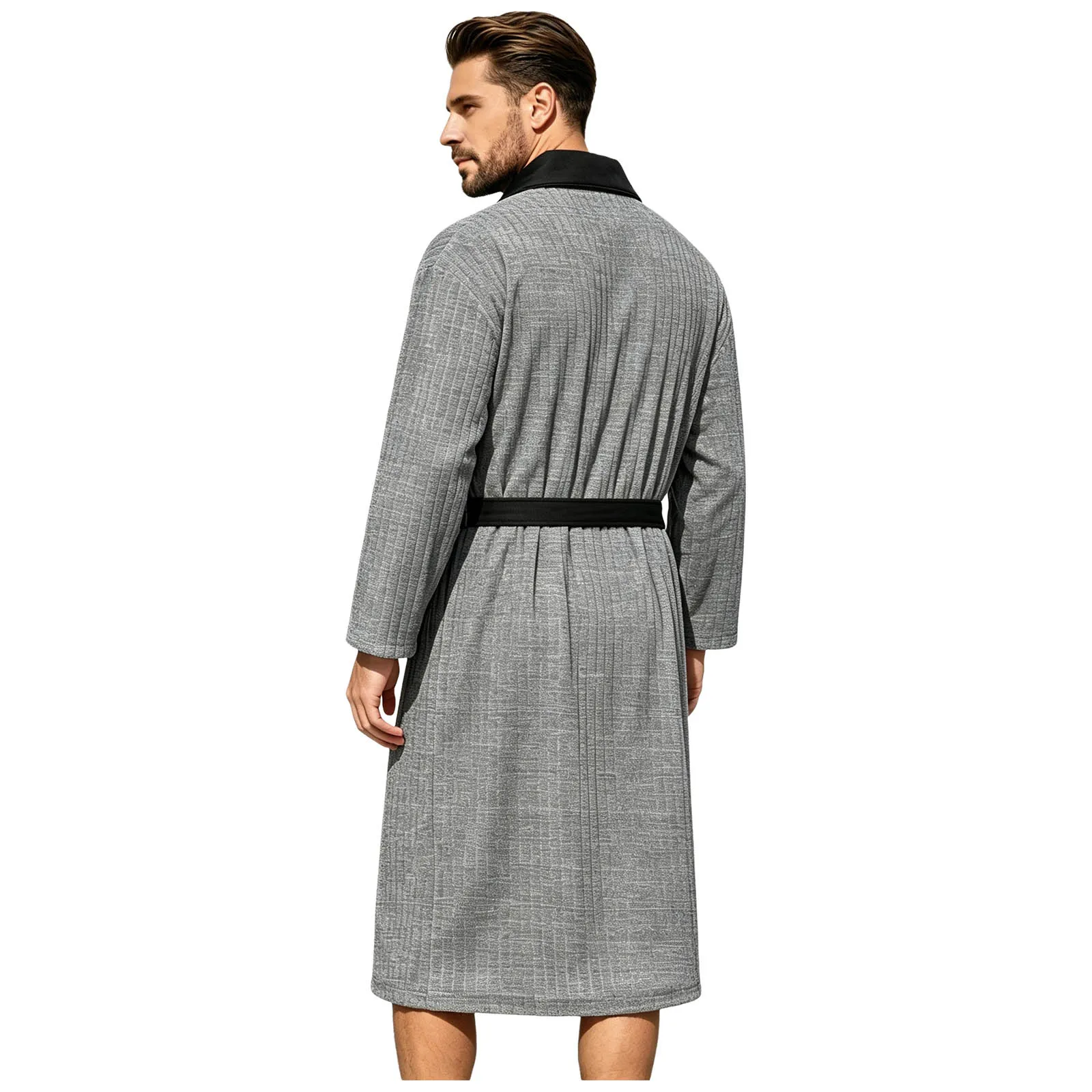 Mens Ribbed Bathrobe Long Sleeve Open Front Contrasting Color Trim Pockets Kimono Night-robe Gown with Belt Loungewear Homewear