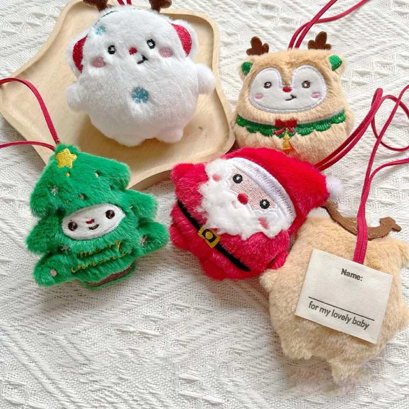 Cartoon Squeak Santa Claus Elk Snowman Name Sticker Plush Keychain Name Tag Keyring School Bag Pendant Key Hanging Decoration