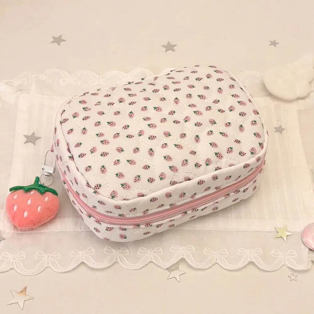 Ins Style Strawberry Print Makeup Bag Multi-layer Compartment Large Capacity Toiletry Bag Cosmetic Pouch Travel