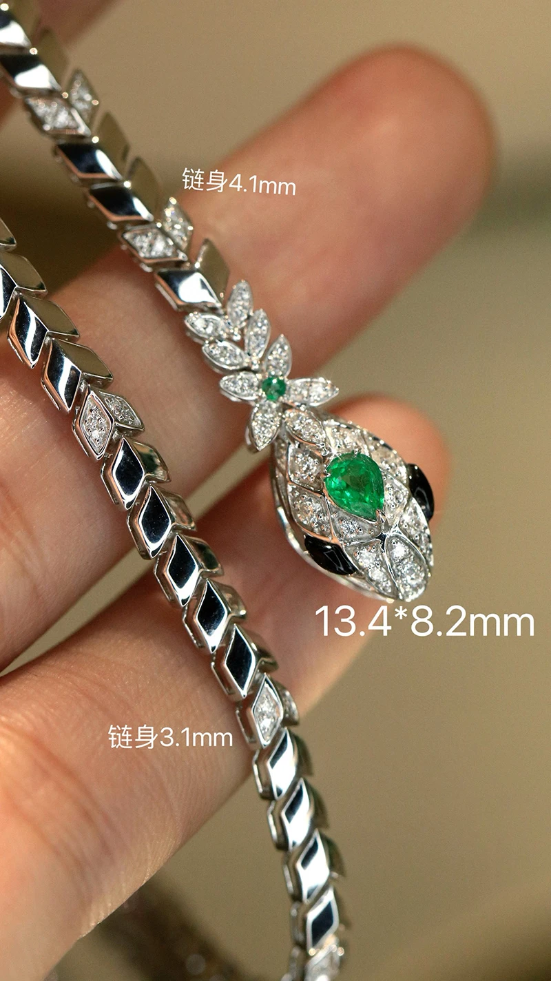 KUGG 100% 18K White Gold Necklace Women Fashion Snake Shape Luxury Diamond Natural Emerald Gemstone Necklace High Party Jewelry