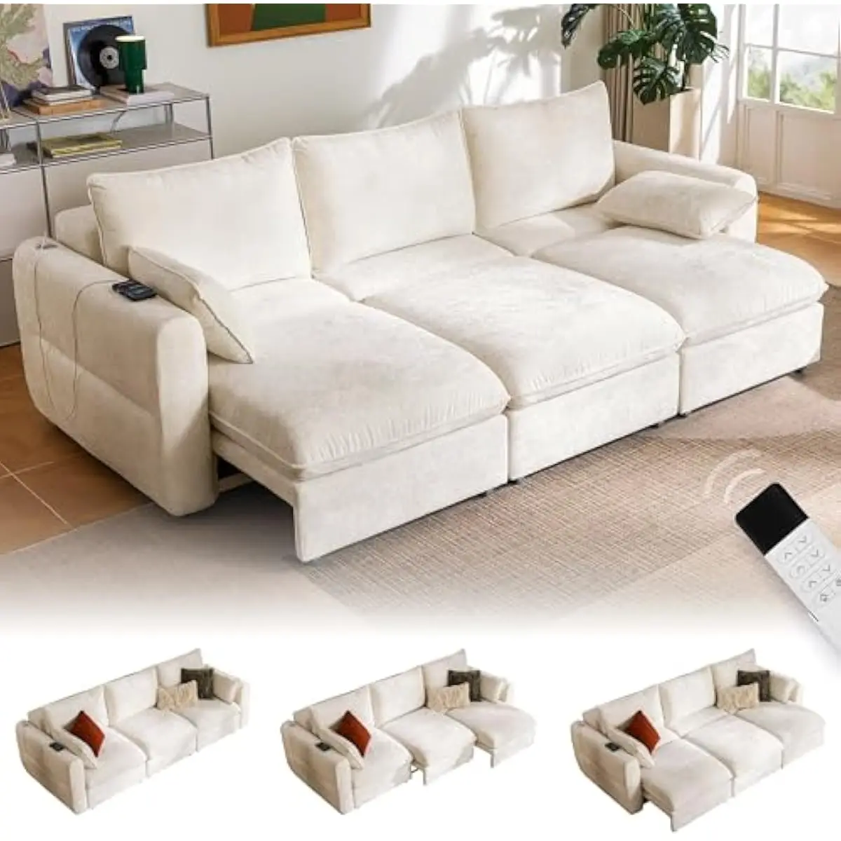 103 Inch Electric Convertible Sofa Bed with One-Touch Remote Control • 3 Adjustable Seating Configurations • 4 Functional Layout