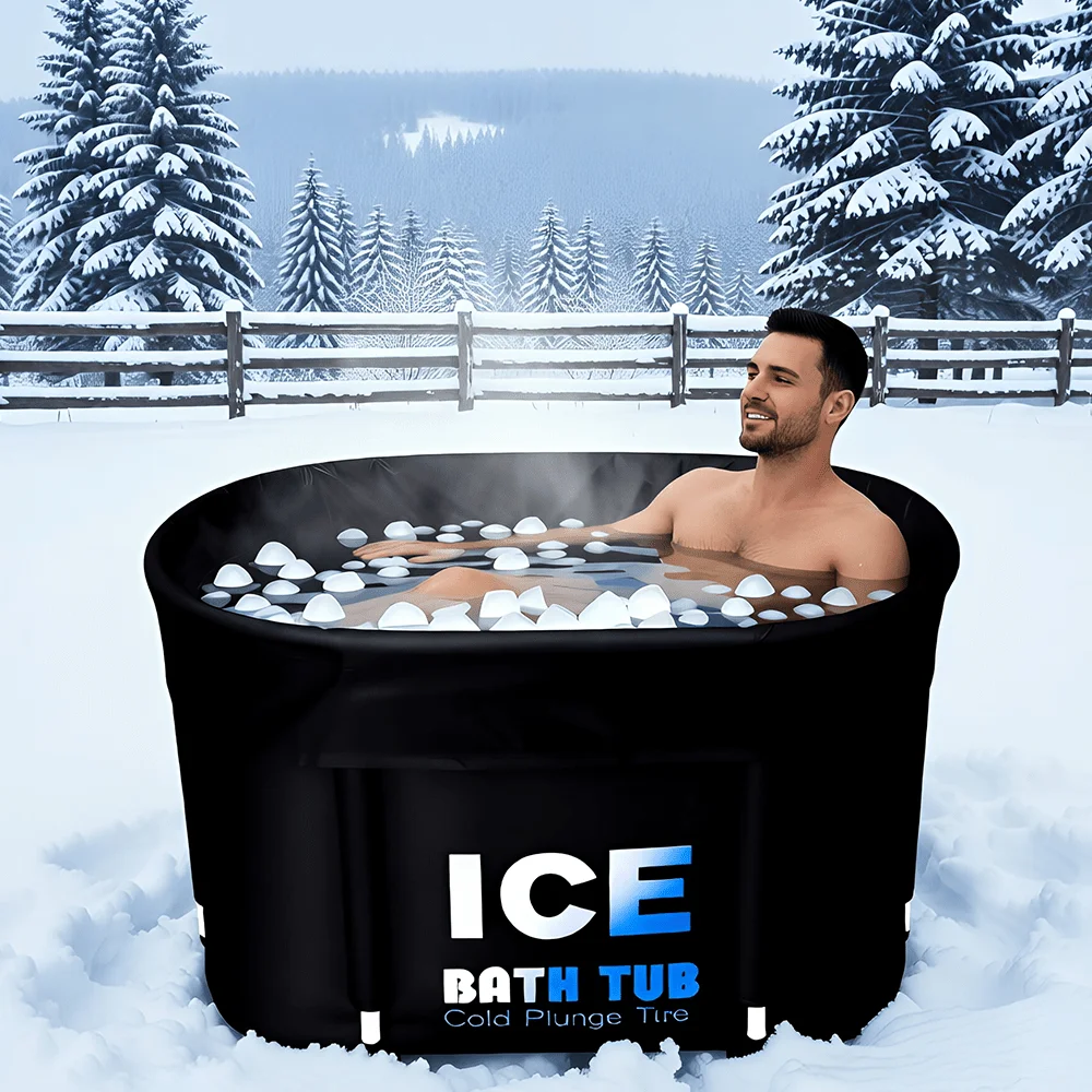 Baignoire ovale noire pour bain de glace, pour athlètes, avec couvercle, capacité de 450 L, baignoire portable pour immersion froide, pour la récupération et la thérapie par l'eau froide