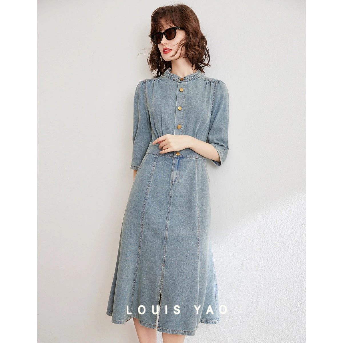 

Vintage Buttons Fishtail Hem Denim Dress 2025 Spring Lapel Long Slim Seven-minute Sleeve Women's Denim Long Skirt Street Wear