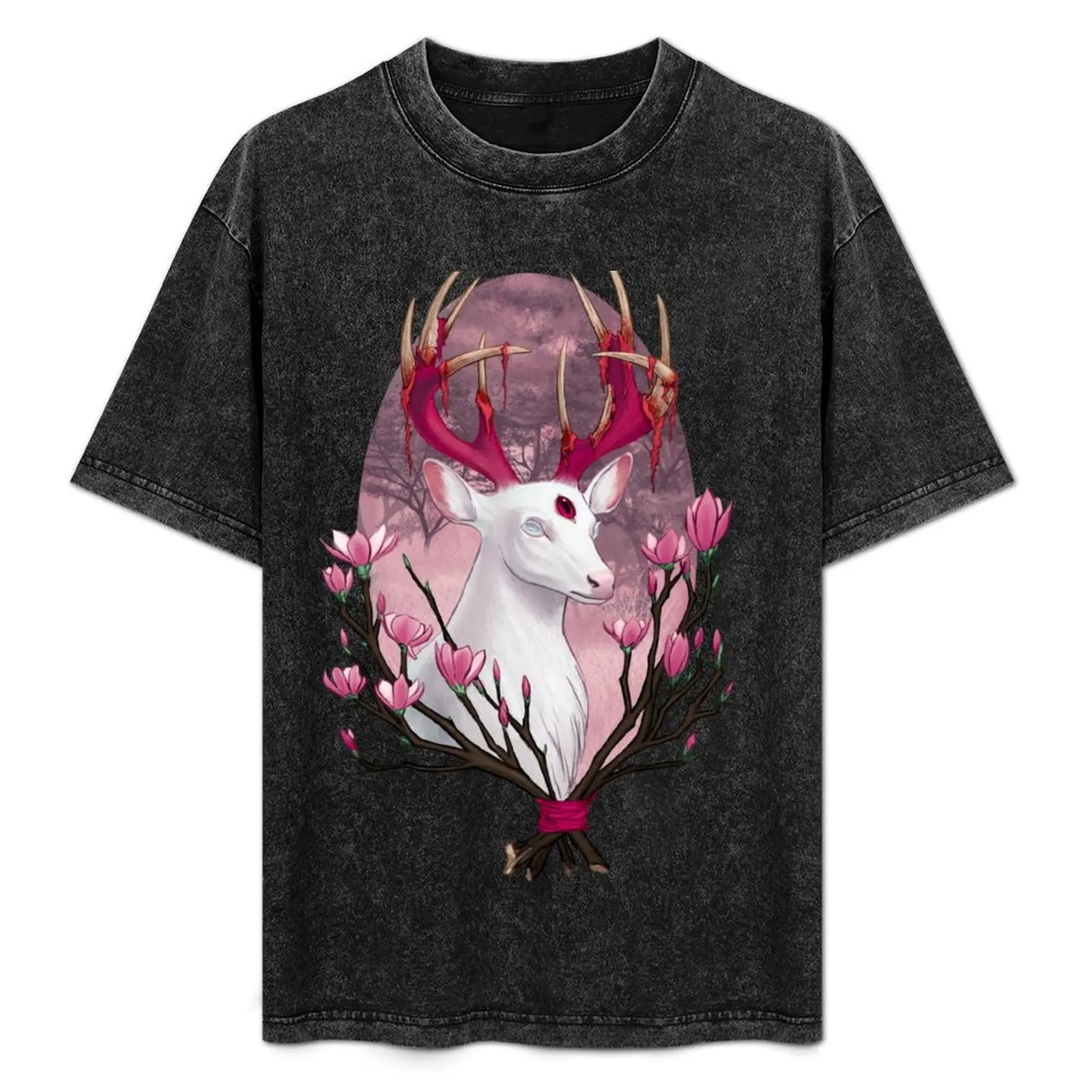 White Stag with Magnolias T-Shirt Modern Style Print T-Shirt