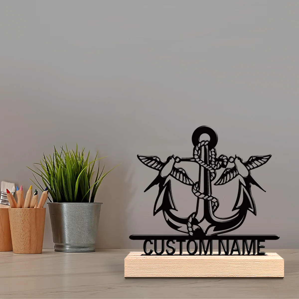 1pc anchor Customizable Letter Metal Statue Metal Ornament Handicraft With Wood Base Iron Statue With Wood Base Bedroom Table