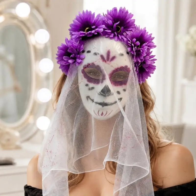 39BD Skull Theme Costume Face Cover for Adults with Sheer Back Drape, Halloween Party and Photo Styling Wear