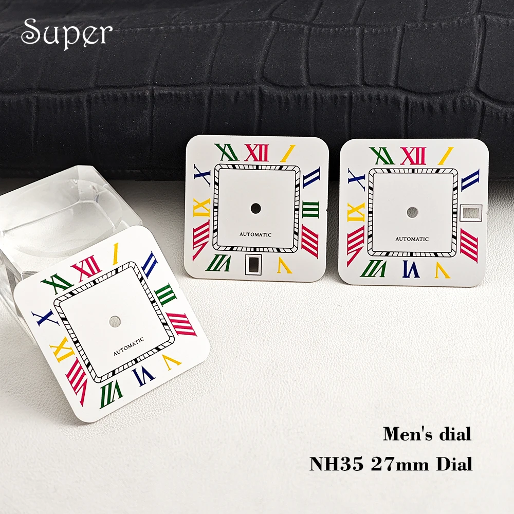 27mm NH35 New Square Watch Dial Colored Roman numerals Fit NH35 Movement Men's Watch Accessoies NO Window/3/6 O'clock Window