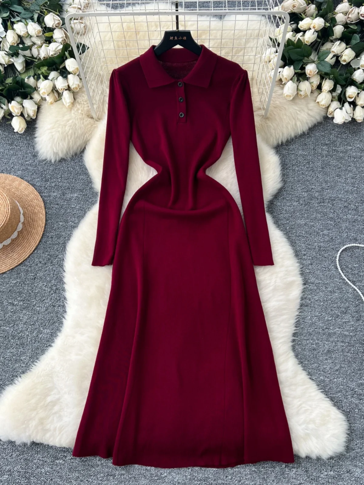 

Retro Lapel Button Long-sleeved Knitted Dress Women's Autumn Winter Slim Long Dress Streetwear Y2k