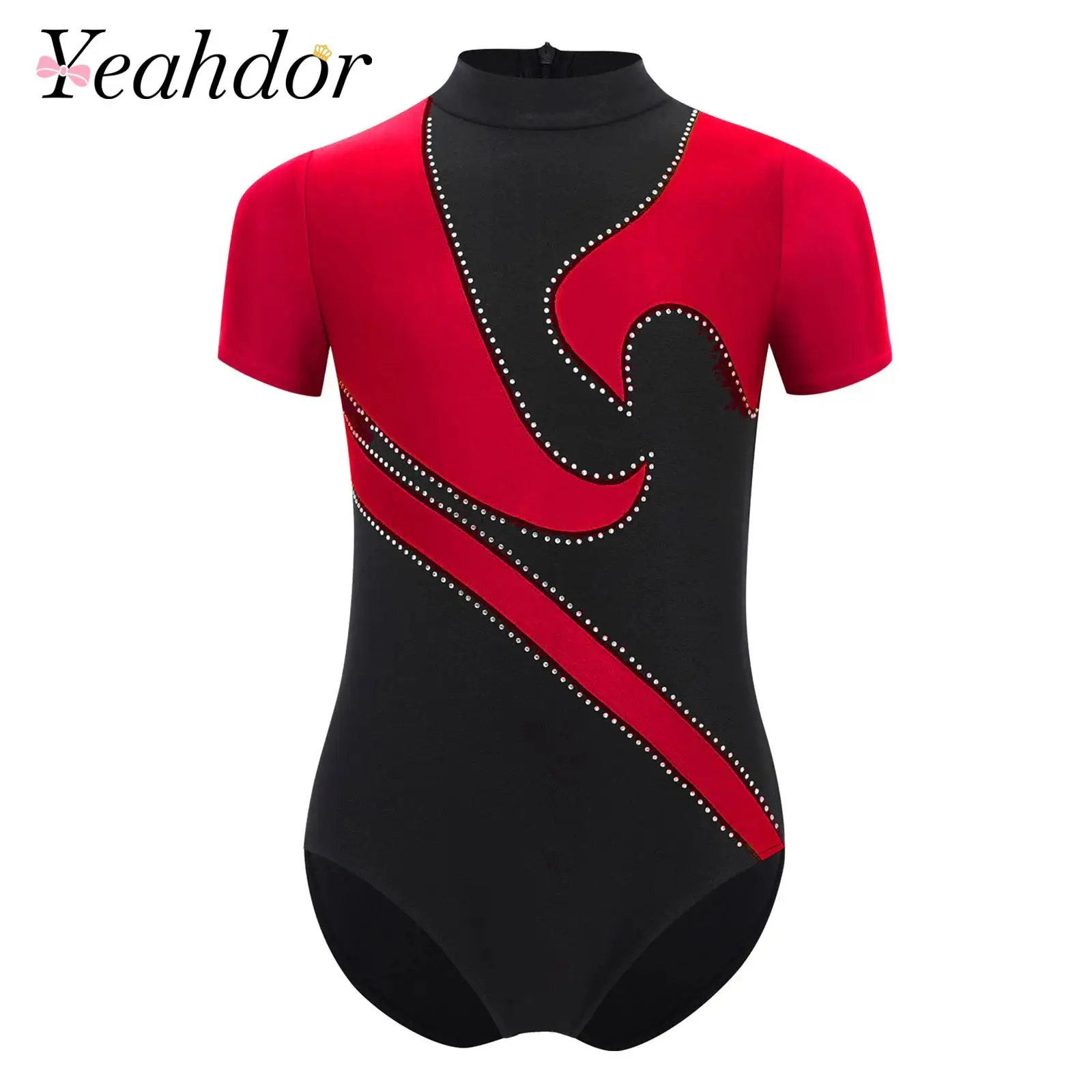 Kids Gymnastics Bodysuit for Boys Jazz Rumba Tango Outfit Rhinestones Latin Dance Costume Long Sleeve Leotard + Shorts Dancewear