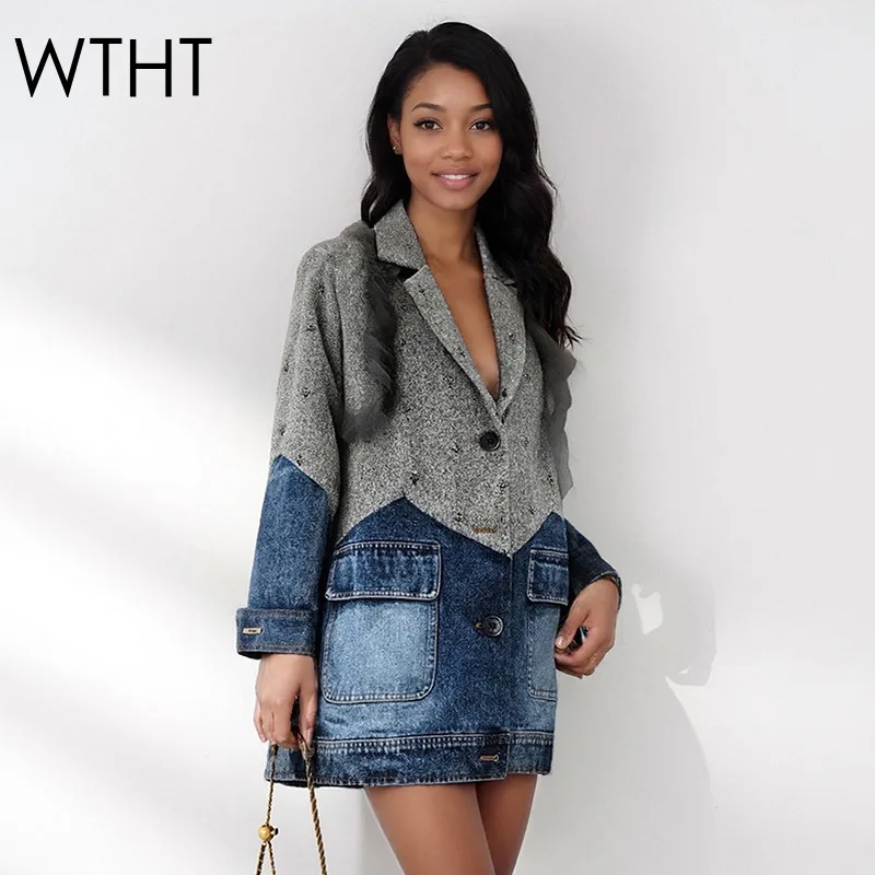 

WTHT модный новый женский джинсовый марлевый свободный пиджак 2022, осенняя модная куртка с длинными рукавами и лацканами, женская 1LS2607