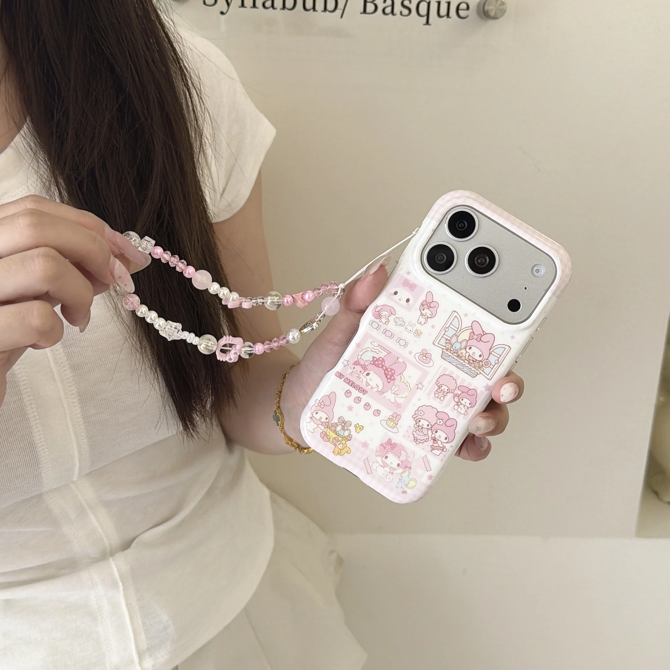 Cute Pink Cartoon Bunny Grid Collage Phone Case With Beaded Lanyard For iPhone17 16 15 Pro Max White Border Anti Drop Soft Cover