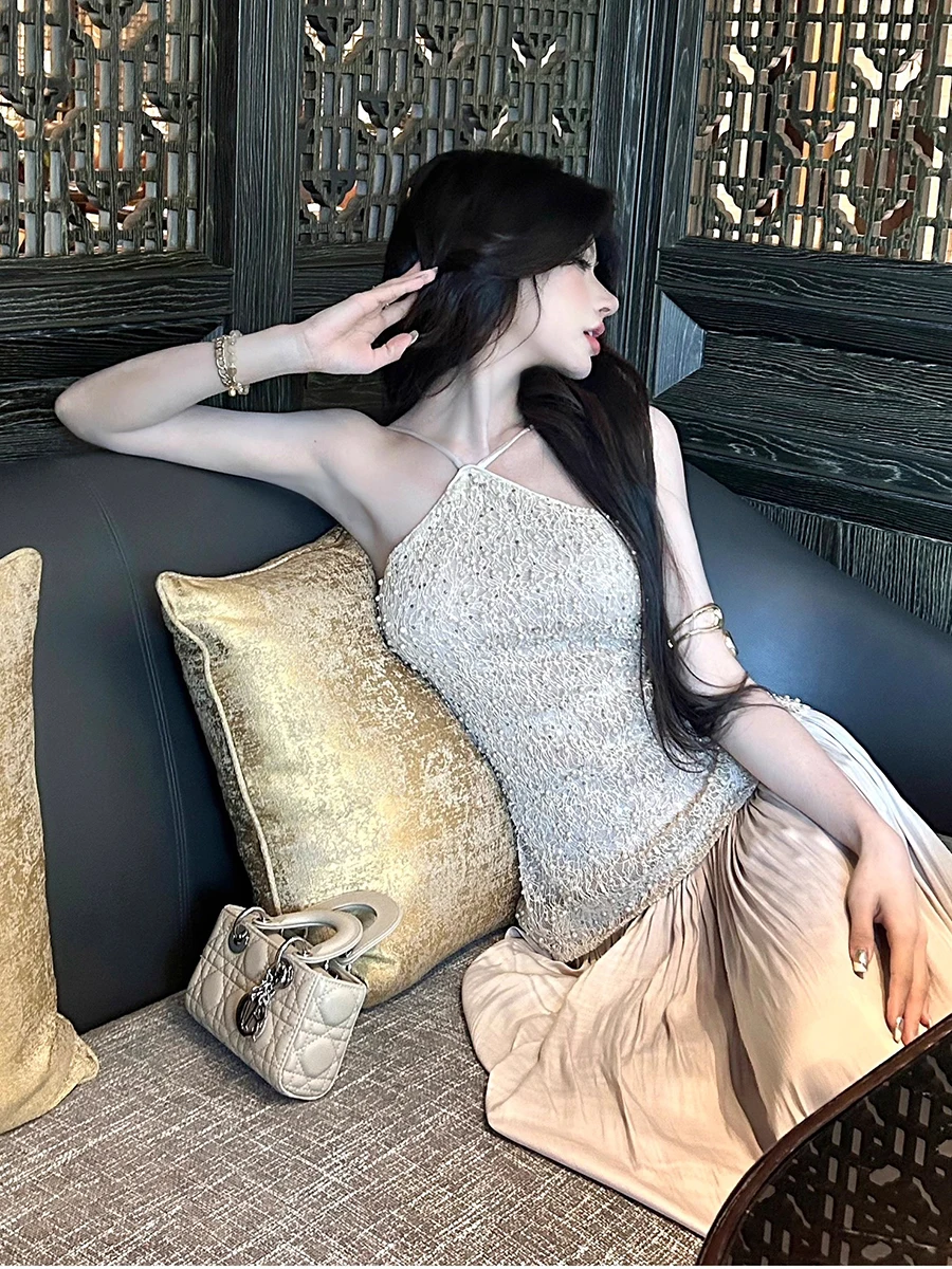 REDDACHiC Glitter Pailletten Spitze Frauen Party Kleid Patchwork Halter Leibchen Backless Maxi Langes Kleid Luxus Prom Abend Kleidung