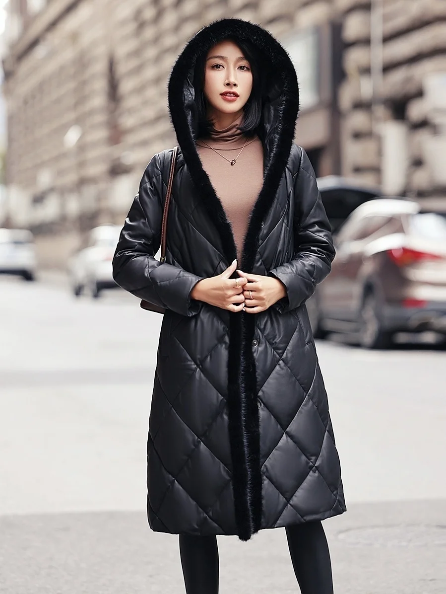 

2023 New Real Sheepskin Leather Jackets Women 90% White Duck Down Women's Down Jackets Mink Fur Collar Hooded Coat Fem