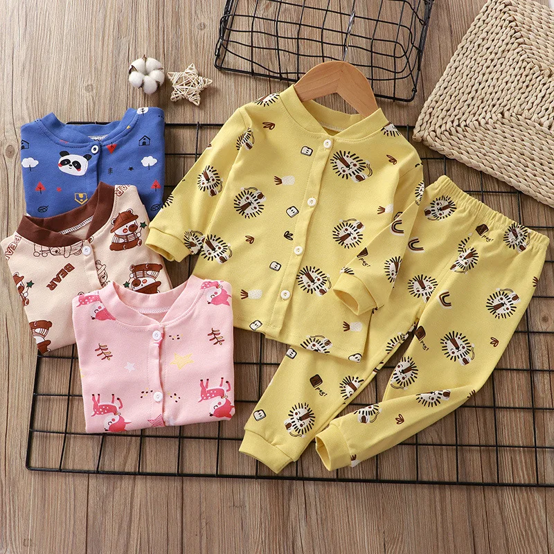 

100% Cotton Children's Pajamas Sets for Girls Boys Clothing Long-sleeve Baby Kids Single-breasted Print Home Clothes Outfits Set