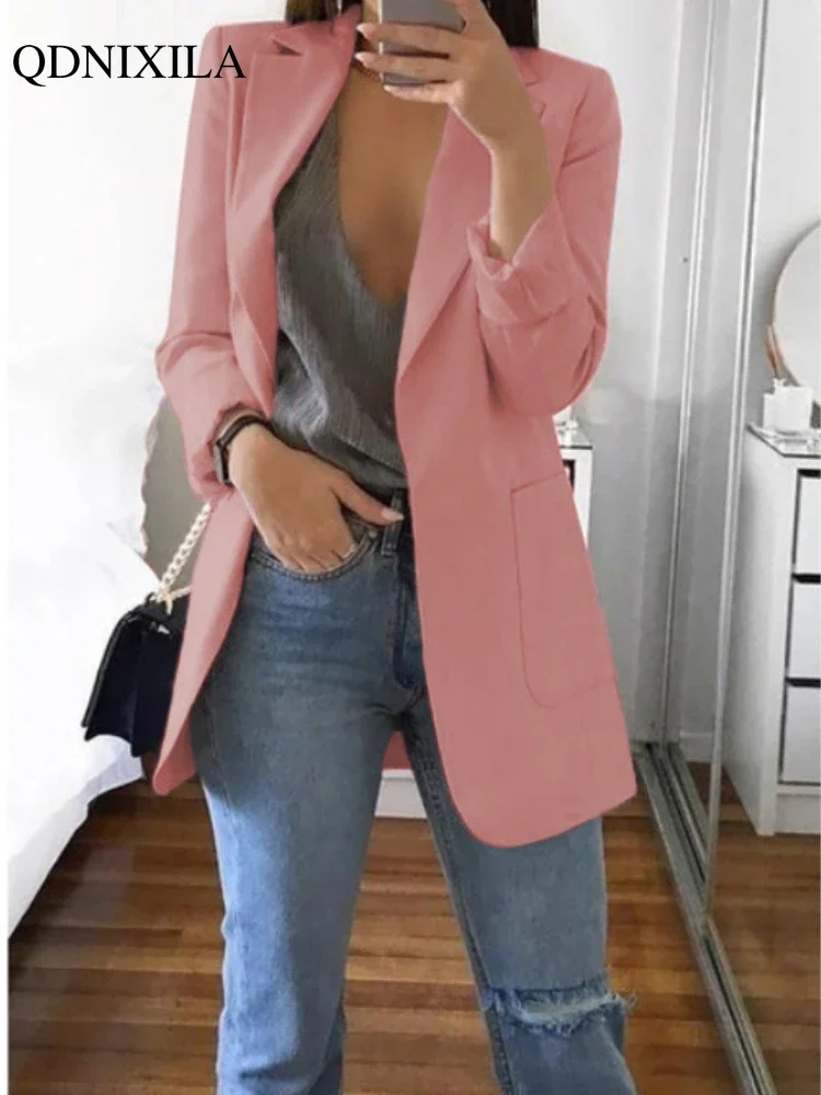 2024 Spring New Women\'s Jacket Pink White Long Blazer Oversize Elegant Fashion Casual Office Wear Female Slim Cardigan Suit Coat