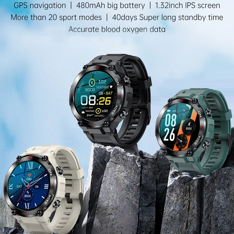 K37 GPS 480mAh Smart Watch Men 1.32 IPS Fitness Tracker Custom Dial Heart Rate  IP68 Waterproof Outdoor Sport Smartwatch