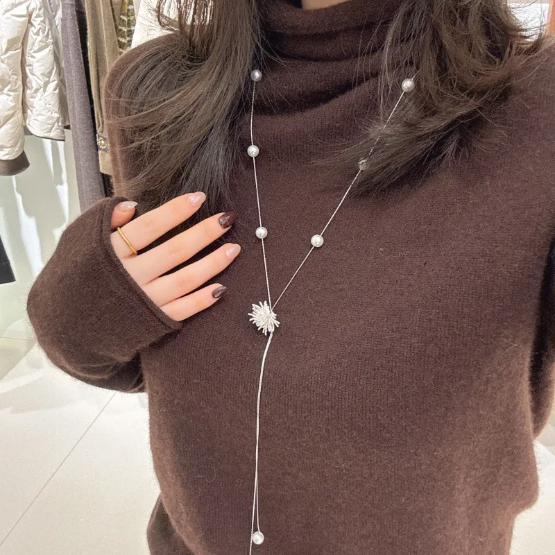 Pearl Flower Tassel Necklace Silver Adjustable Long Chain Luxury Sweater Pendant For Women Daily Party Office Premium Quality
