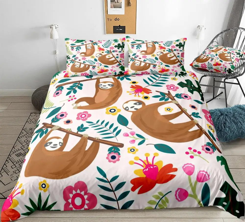 

Slothes Bedding Set Animal Duvet Cover Set Flowers Sloth Quilt Cover 3pcs Leaves Bedclothes Kids Home Textiles Animal Bed Linen