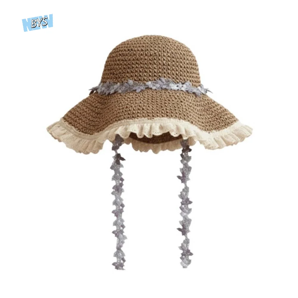 

Solid Color Breathable Vacation Beach Cap with Garland Lightweight Big Brimmed Straw Hat Sombrero with Lace Woven Sun Cap Summer