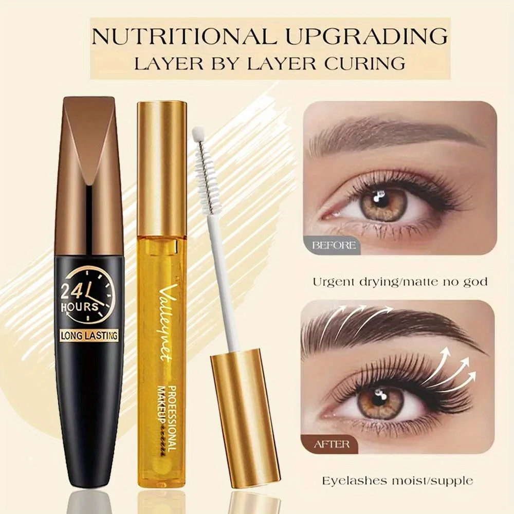 2 個/セットナチュラルラッシュケアセラム + 5D カーリングマスカラまつげカールまつげ、長持ちする防水トラベルアイメイクアップセット