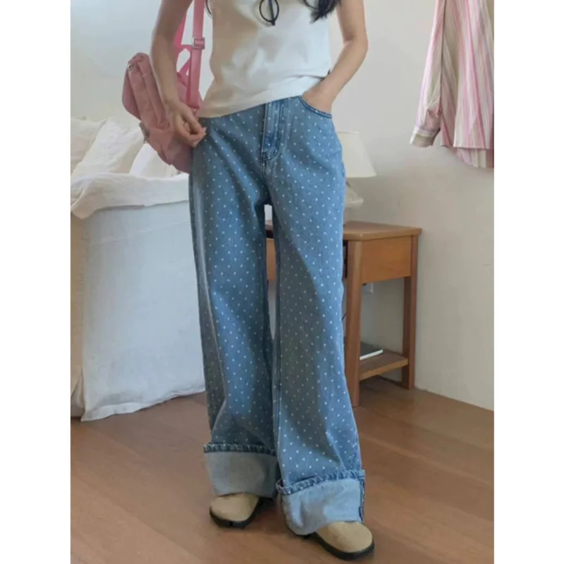 Women's Jeans Fashion Vintage Polka Dot Straight Leg Pants Spring Autumn Loose Casual High Waist Ladies Streetwear Trousers