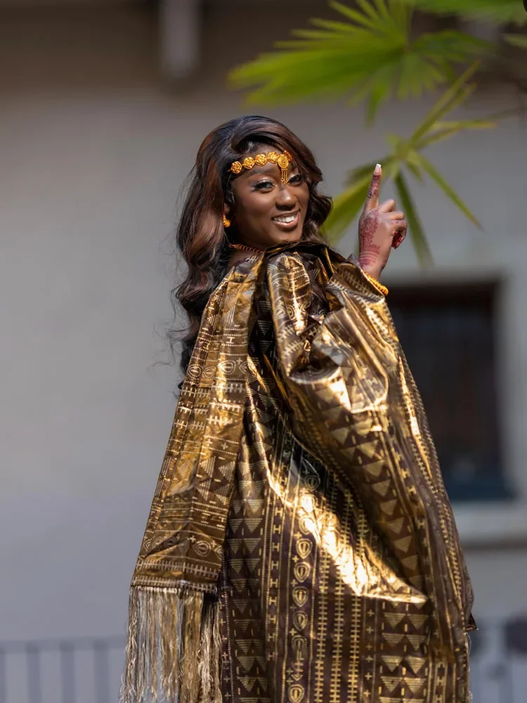 Abito da festa africano per donna, caftano Ramadan con sciarpa, boubou lungo stampato Ankara, abito da sera elegante