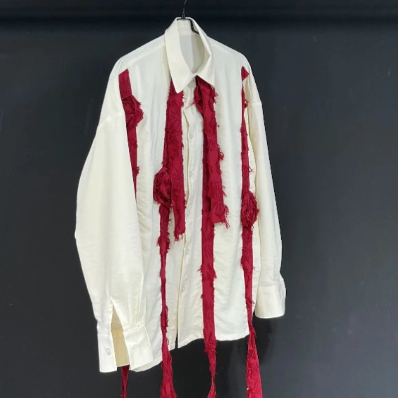 Trend Tassels Patchwork Red Hand Flower Shirt Men's 3D Rose Cotton Linen Retro Shirts Long Sleeve Loose Creativity Blouse Tops