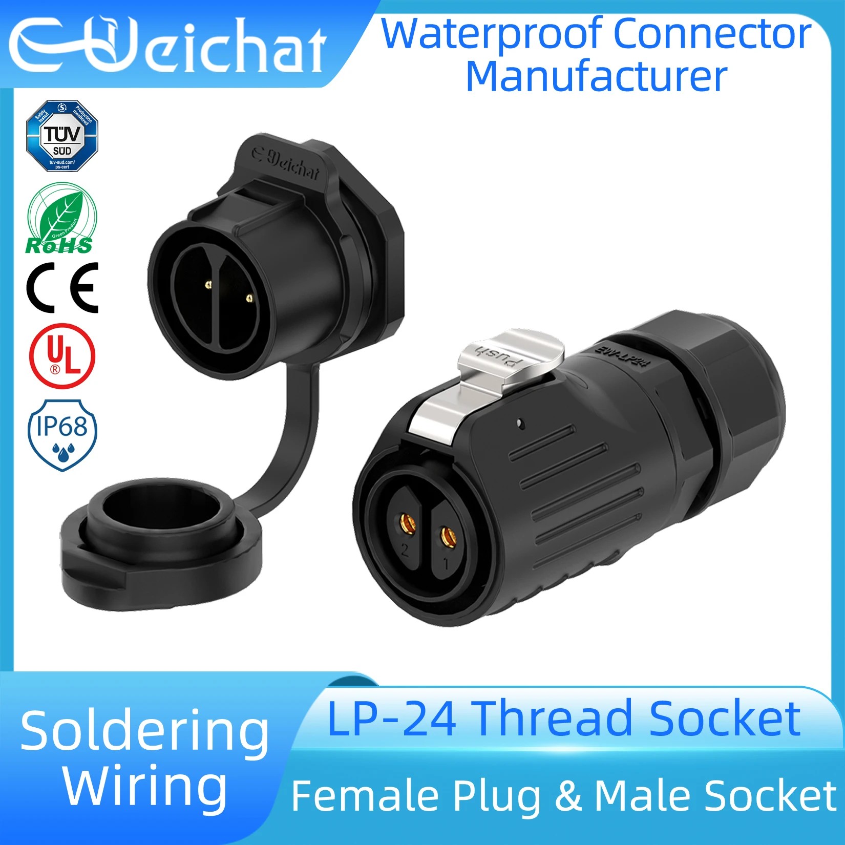

LP24 IP68 Waterproof Connector Industrial Circular Aviation Electrical Connector PBT M24 2-24 Pin Female Plug+Male Thread Socket