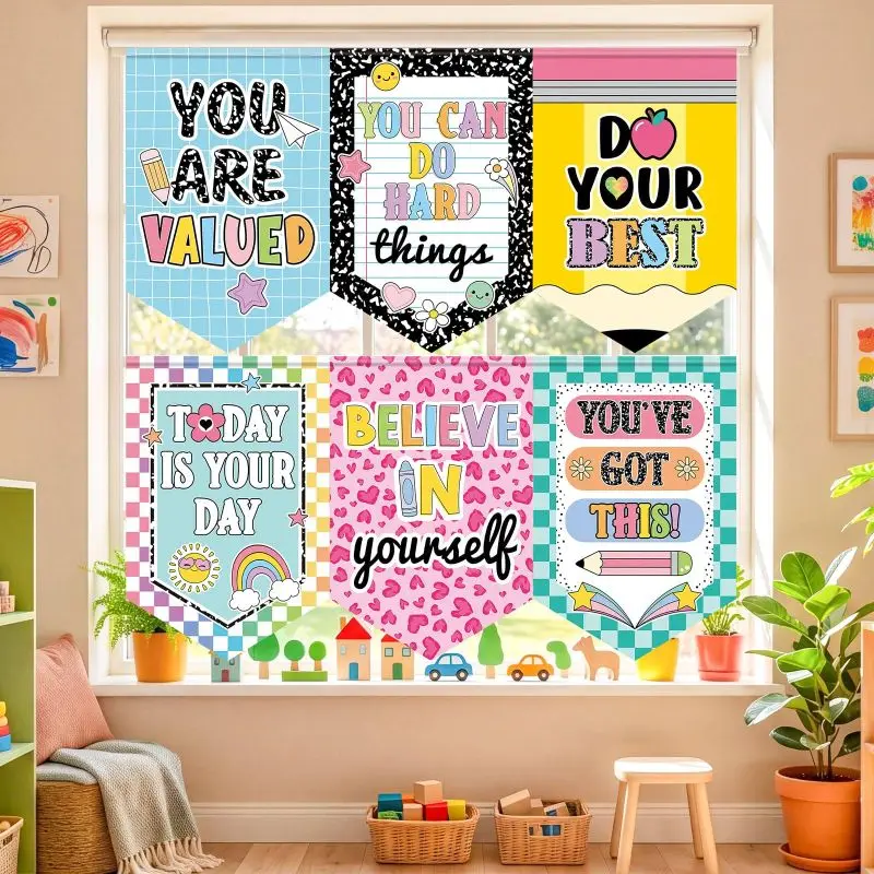 VIKAMA 6Pcs Motivational Pennant Banner Positive Affirmation Fabric Bunting Classroom Back To School Kids Room Window Curtain