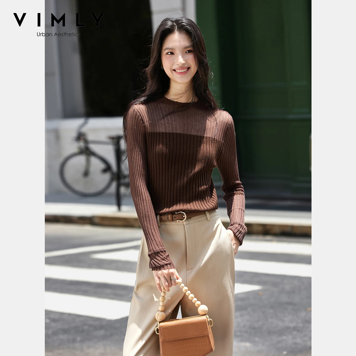 

VIMLY черный полупрозрачный кружевной вязаный свитер с воротником-стойкой, женский осенний свитер 202, новая облегающая и тонкая рубашка 75081