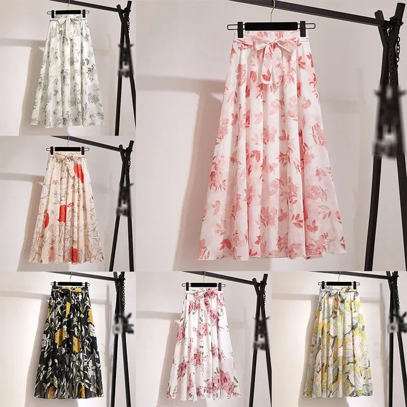 

Women Bohemian Flower Long Skirt Beach Sunny Skirts Floral Bow Chiffon High Waist Skirt 10 Colors