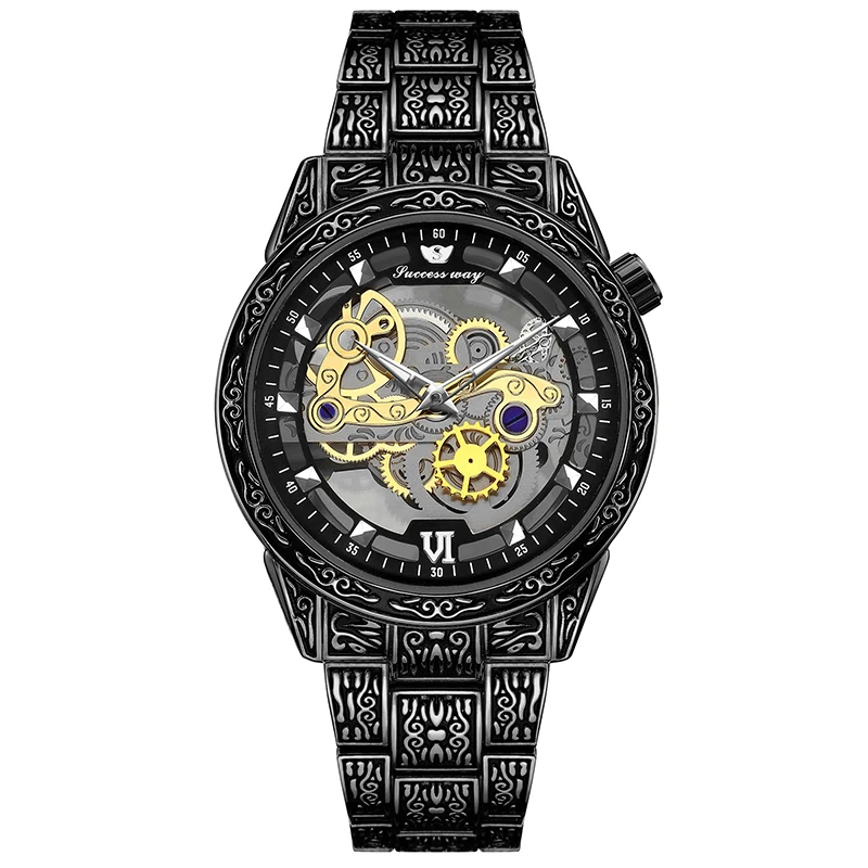 Skeleton Hollow Men Watches Luxury Steampunk Black Gold Quartz Watch Stainless Steel Vintage Engraved Man Mechanical Style Clock