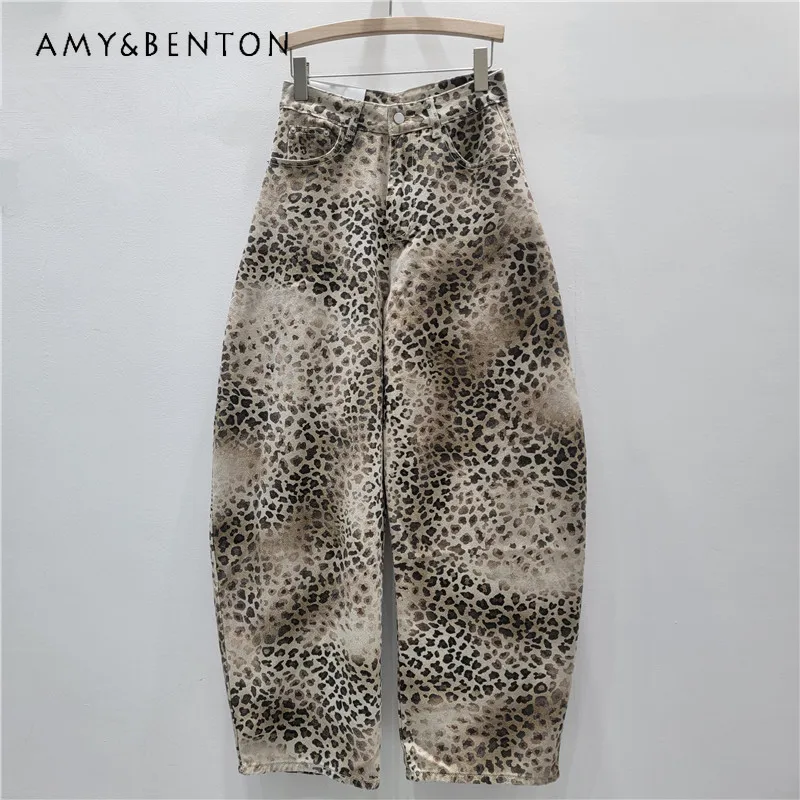 

Loose Straight High-Waisted Leopard Print Denim Pants For Ladies Early Autumn Korean Style Slimming Wide-Leg Casual Zipper Jeans