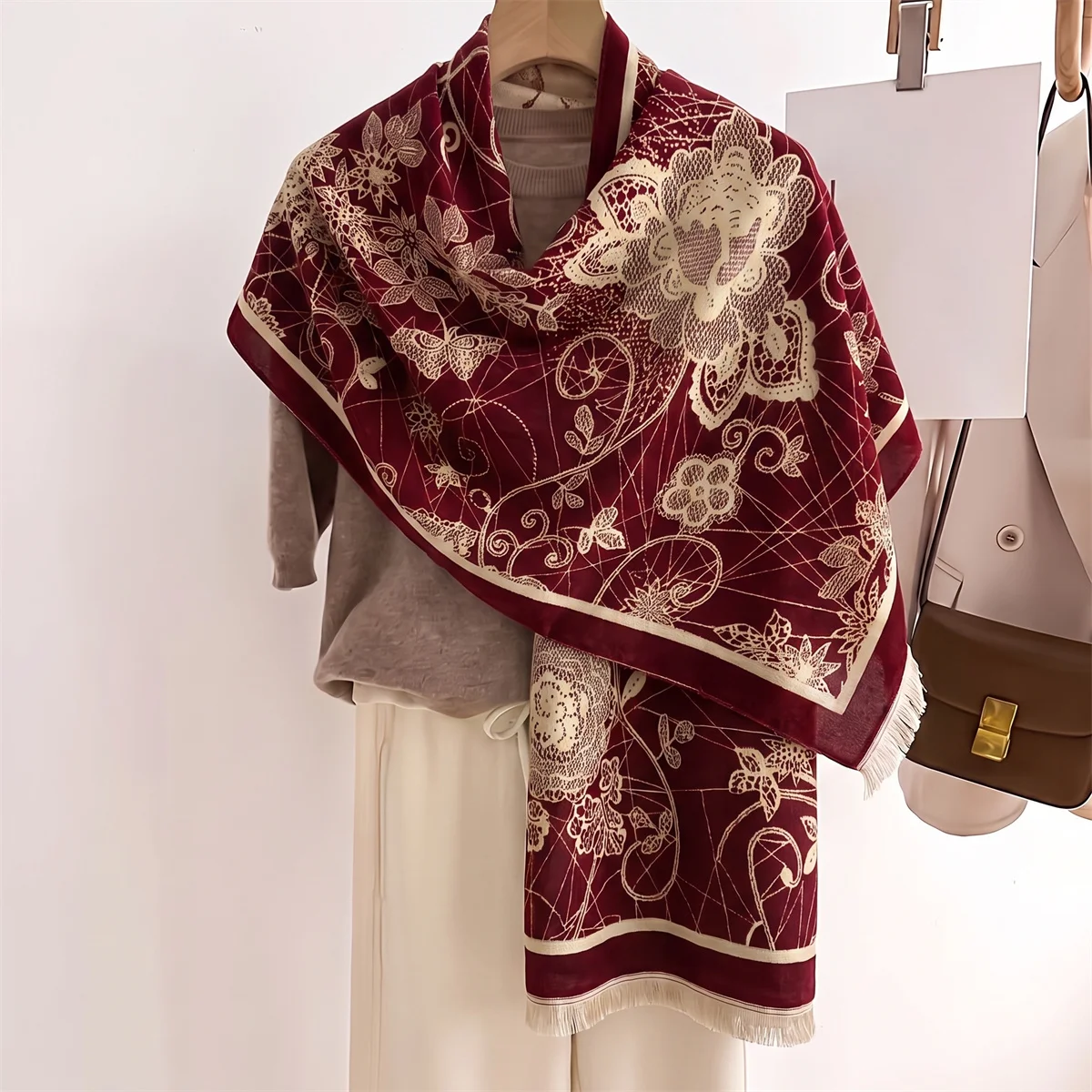 Vintage Burgundy Floral Printed Satin Shawl Double Sided Winter Scarf Fringed Large Wrap Women Daily Commute Party Overcoat