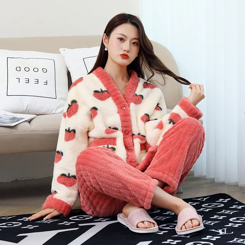 Autumn Winter Warm Flannel Women Pyjamas Set Peachthick Coral Velvet Long Sleeve Pajamas Set Leisure V-Neck Sleepwear for Lady