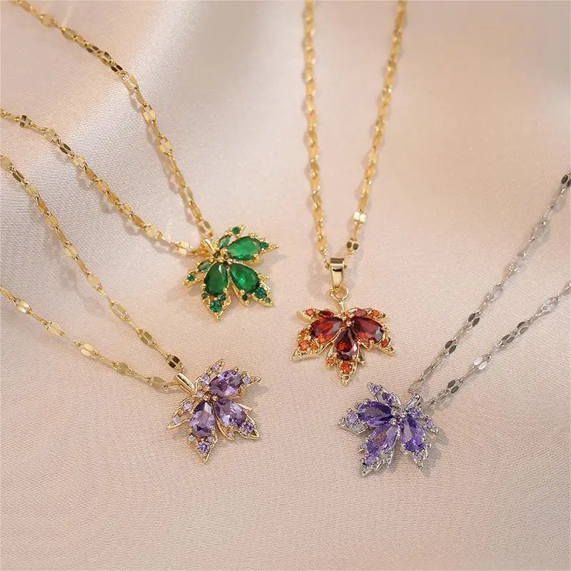 Stylish and Beautiful Zircon Maple Leaf Pendant Necklace Multi-Color Optional Women\'s Necklace Perfect Gift for Girls Women