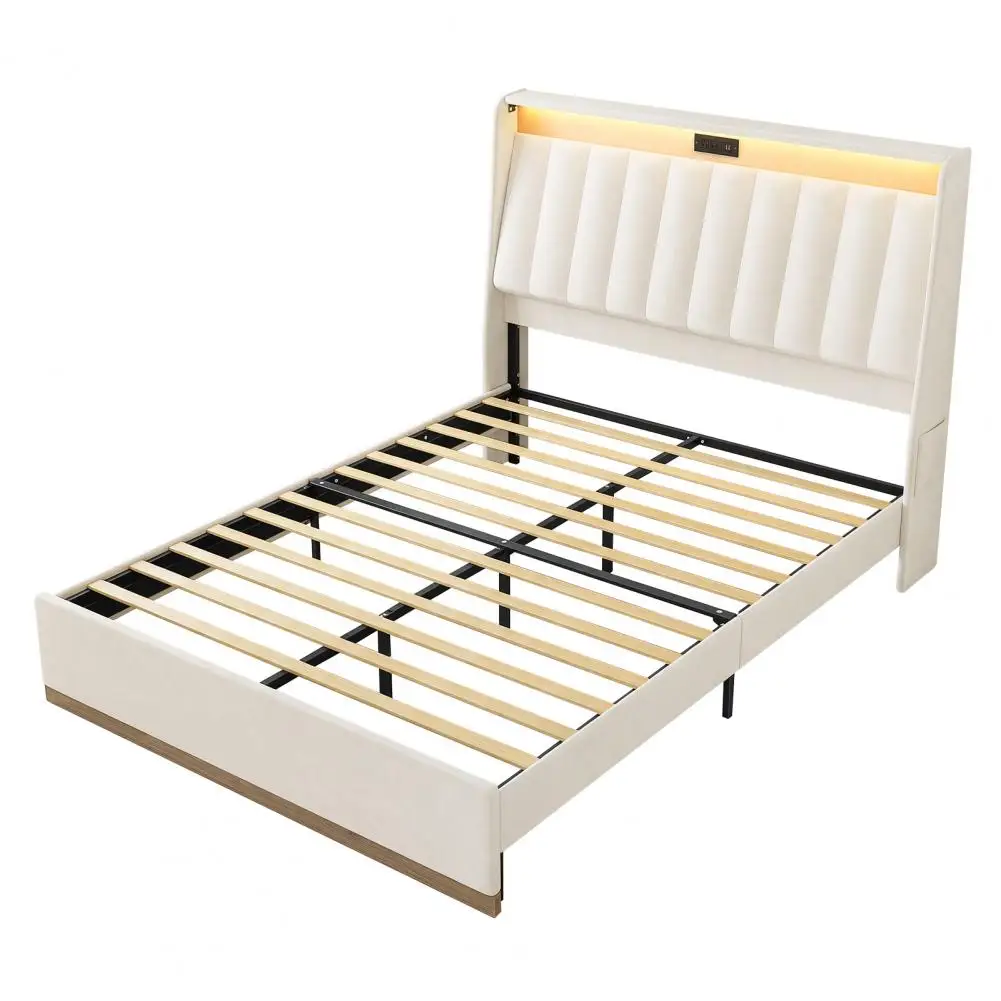 Platform Bedstead, Queen Size Bed Frame, Upholstered Bed Frame with RGB LED Lighting Charging Station, Storage Space