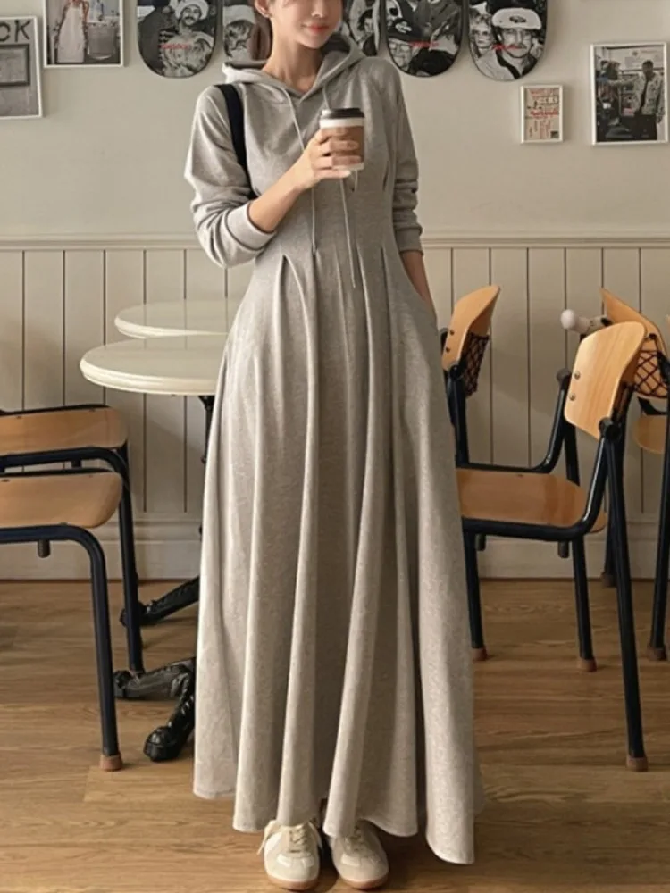 

Chic Autumn Lazy Style Pleated Waist Slimming Long Sleeve Hooded Dress Women's Long Dress Spring Autumn Winter Commute Style