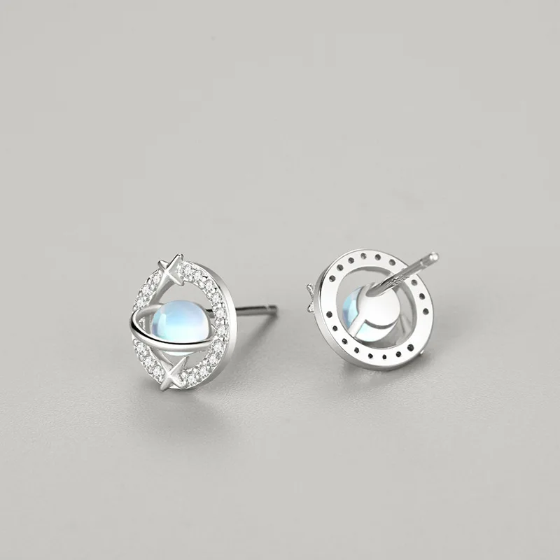 RYJU 925 Sterling Silver Exquisite Blue Cat's Eye Stone Moon Planet Earrings for Women Simple Star Zircon Earrings Party Jewelry