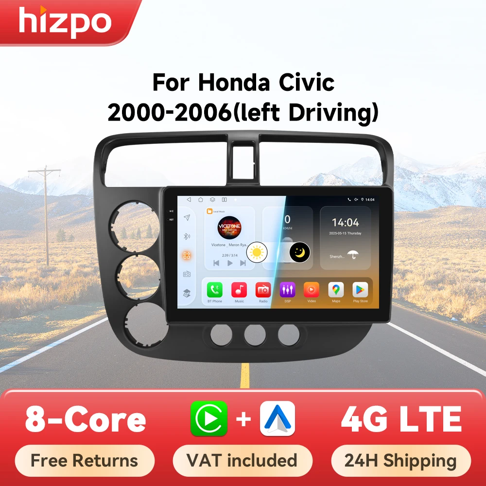 Hizpo Android Auto Carplay Auto-Multimedia-Player für Honda Civic 2000-2006 Linkslenker GPS-Navigation Autoradio Stereo 2din Head Unit 8 Core DSP RDS