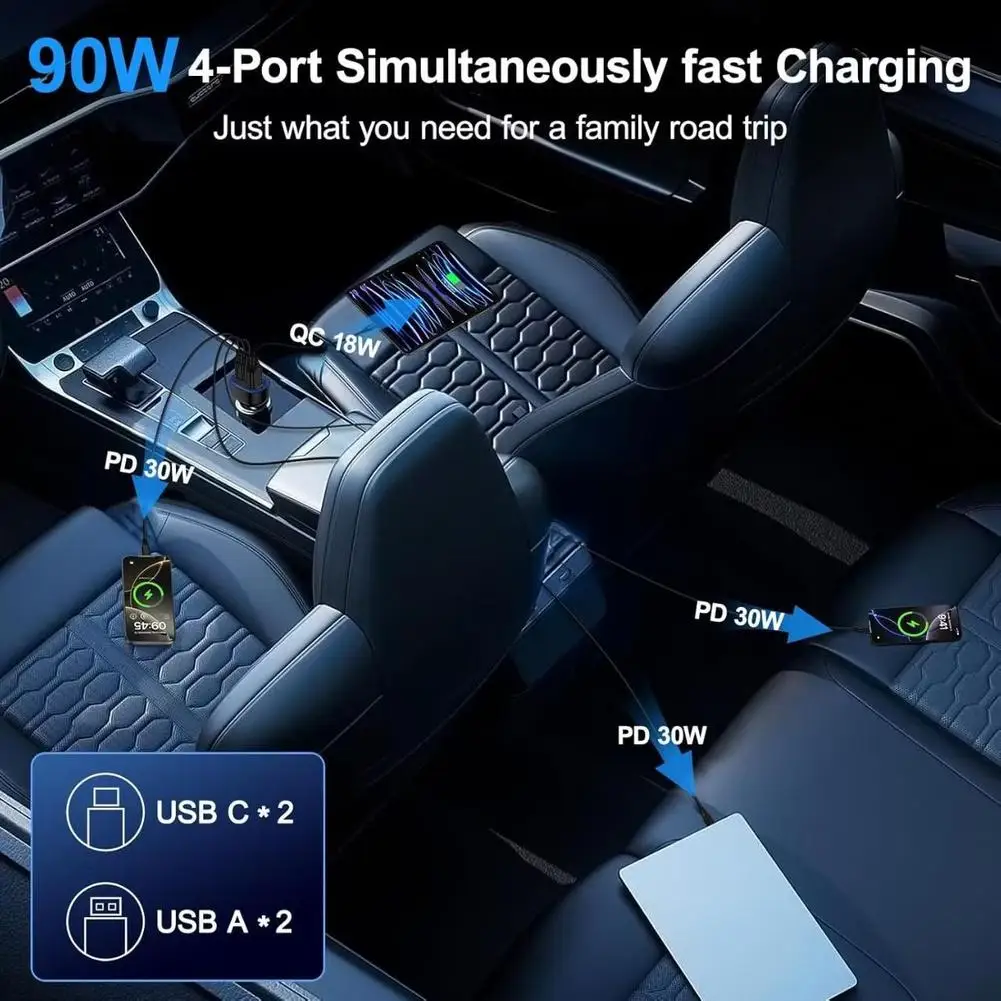 4 Port 108W Fast Car Charger with Power Delivery and Quick Charge 3 0 Technology Type C 30W for Truck and Bus Applications
