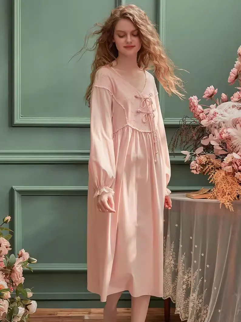 Sweet Cotton Sweet Princess Sleepwear Long Sleeve Elegant Female Solid Color Long Nightgowns Girls Spring Loose Nightwear