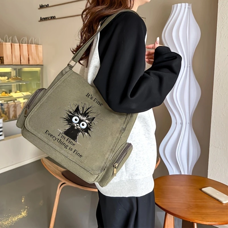 Women's Bag Men's Shoulder Bag Crossbody Bag Messenger Bag Laptop Bag Canvas Quirky Cat Print Large view 2
