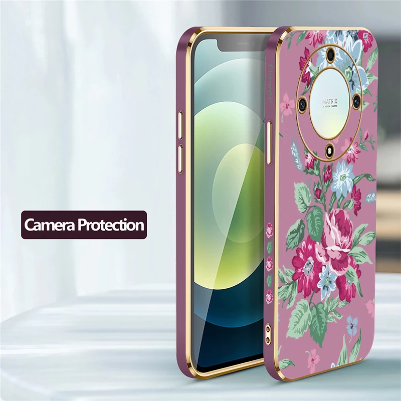 Phone Case For Huawei Honor X9B X40 X50i X20 X6A X7 X7A X7B X8 4G 5G X8B Luxury Silicone Flower Pattern Plating Shockproof Cover