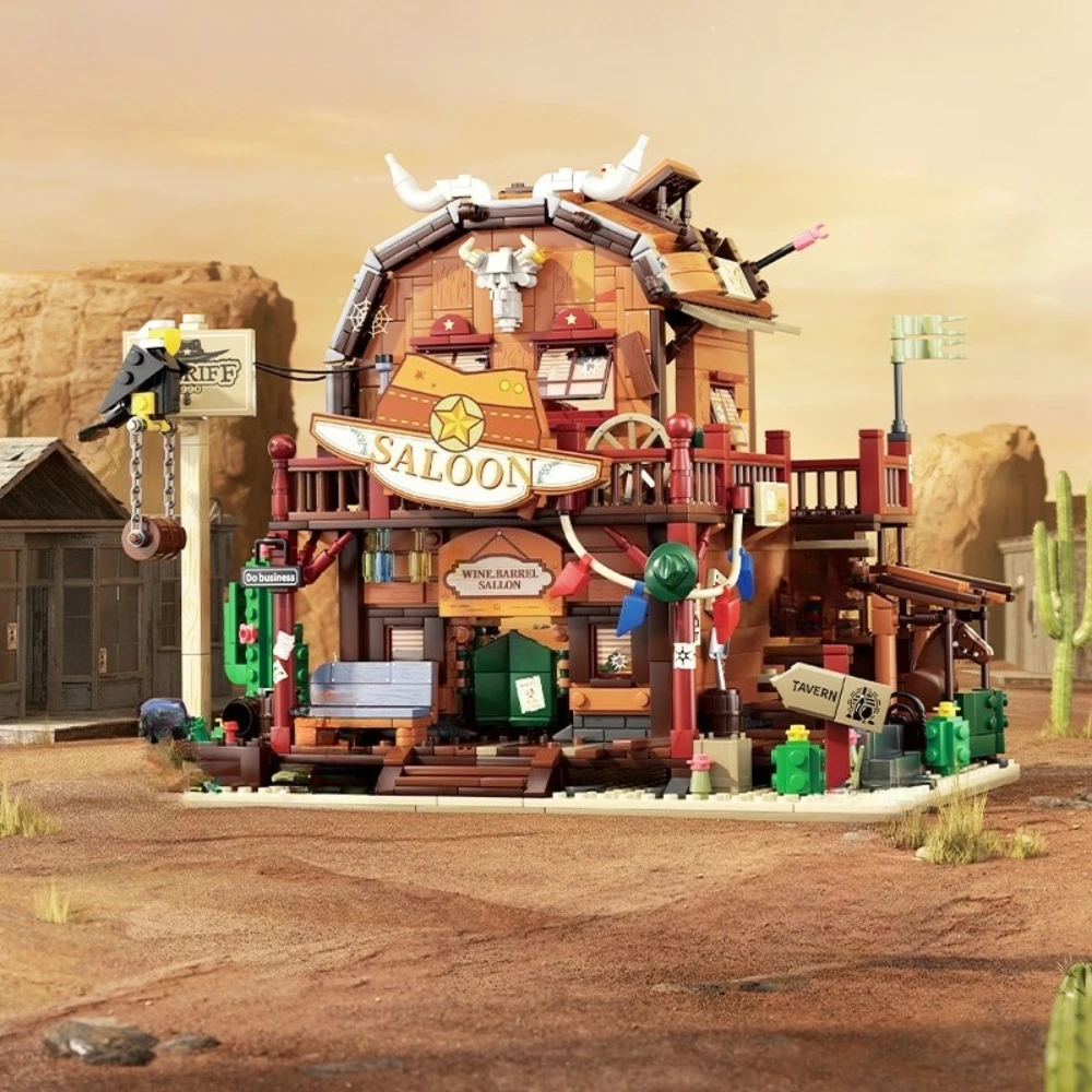 MOC Western Town Oak Barrel Tavern Building Blocks Set Desert Hut Saloon Bar Hotel House Idea Toys For Children Birthday Gifts