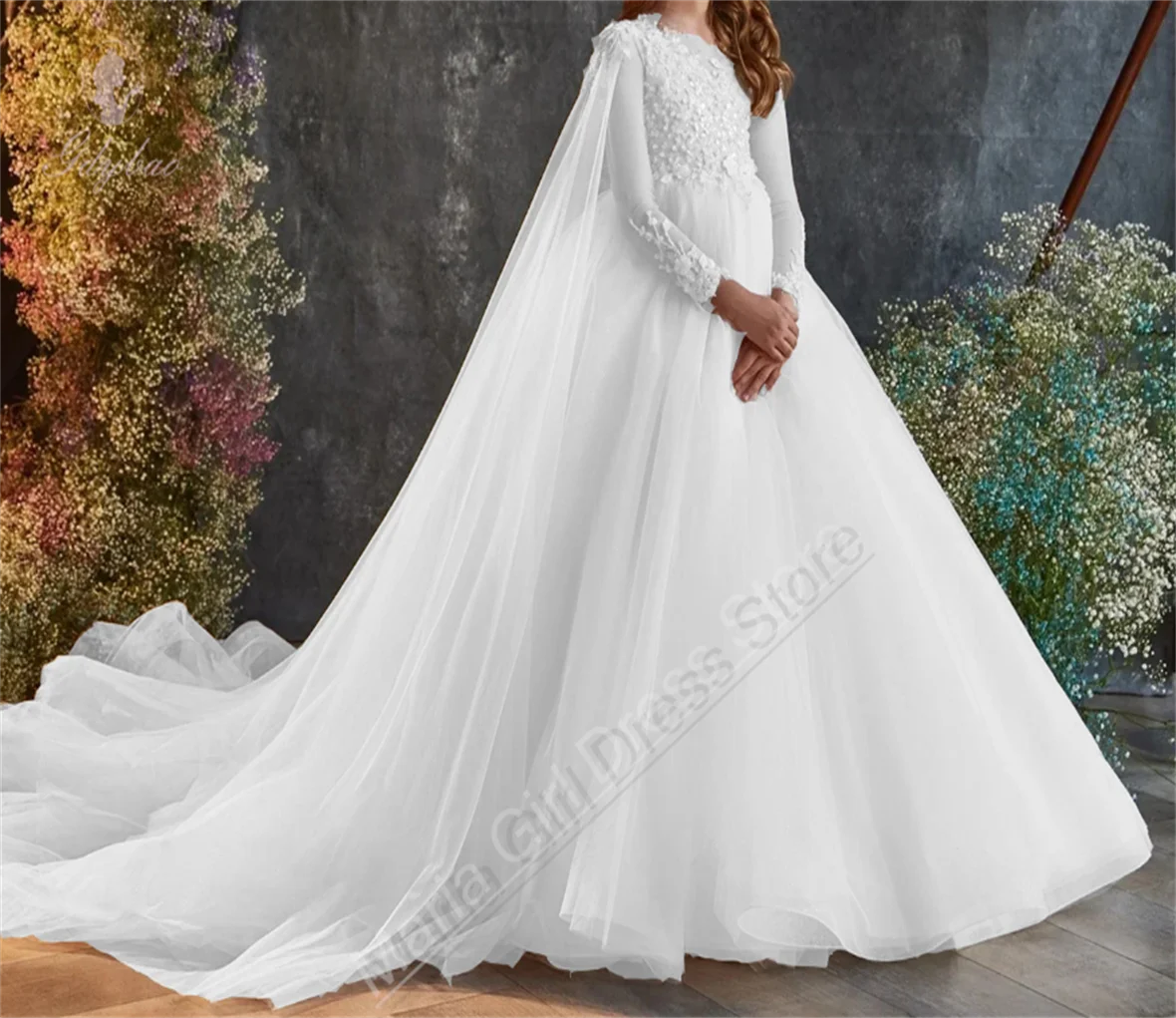 White Elegant Long Sleeve Flower Girl Dress Fluffy Wedding Children's Birthday Dress Fluffy Trailing First Communion