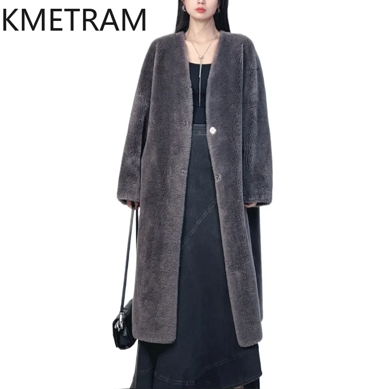 

KMETRAM пальто из 100% шерсти, женское высококачественное серое длинное пальто с v-образным вырезом, зимняя одежда, теплая меховая куртка 2025 abrigos invierno mujer