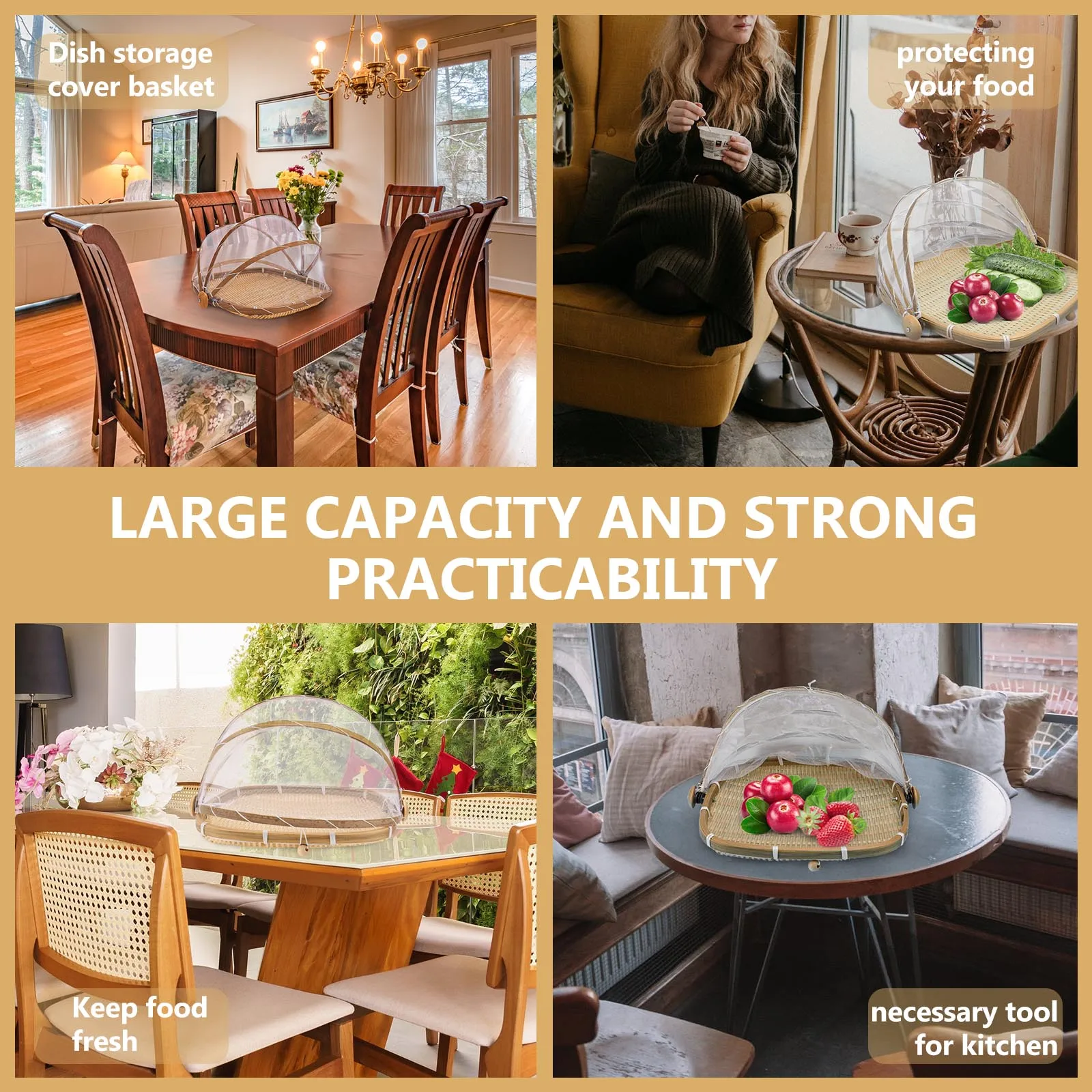 

1pc Woven Bamboo Dish Basket Food Storage Cover Kitchen Dish Storage Tool Foldable Tight Sealed Food Protector Prevents Flies
