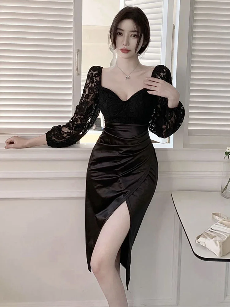 Zoki-Vestido retrô feminino com retalhos, elegante e fino vestido midi sexy com colarinho quadrado, cetim de fenda casual francês, vintage Lady Vestidos